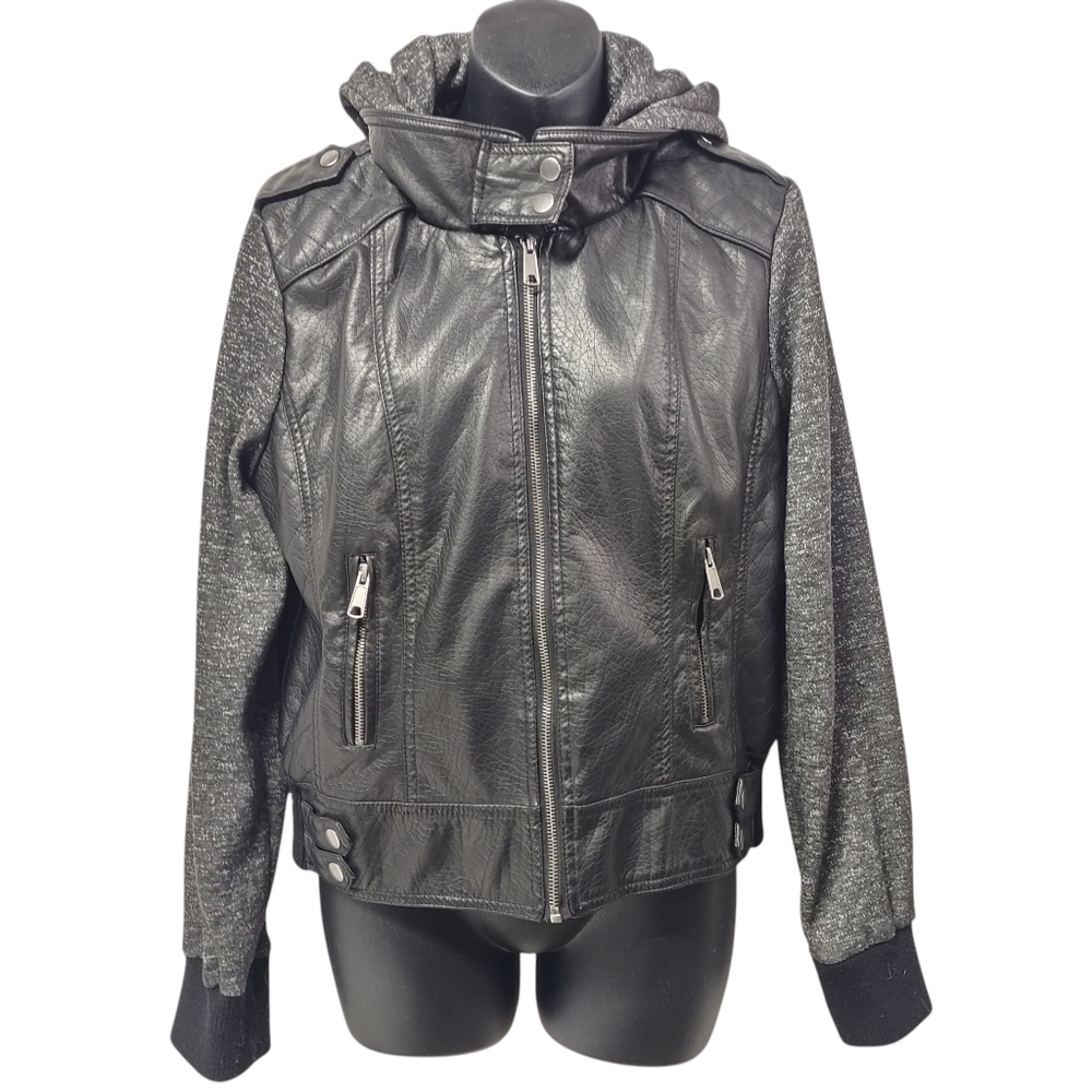 Urbanology Women's Black Faux Leather Hooded Zip Up Lined  Jacket Size XL